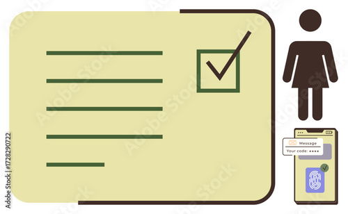 Checkbox marked on document, female figure, and phone with verification screen. Ideal for security, authentication, registration, privacy, online forms, user management simple flat metaphor