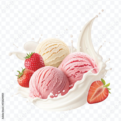 realistic creamy vanilla and strawberry ice cream scoops with milk splash in different style isolated on transparent background