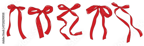 Cute red bow for christmas coquette style. Hand drawn red bow collection vector