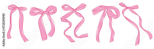 Cute pink ribbon bow vector collection. Coquette style with pink bow clip art