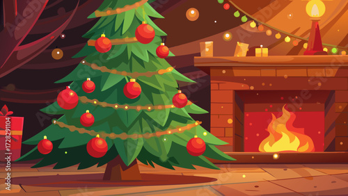 Cozy christmas scene with decorated tree and fireplace