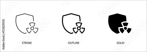 Shield icon with nuclear for anti radiation, safety, protection. Editable vector stroke icon, outline and solid. Eps10 file.
