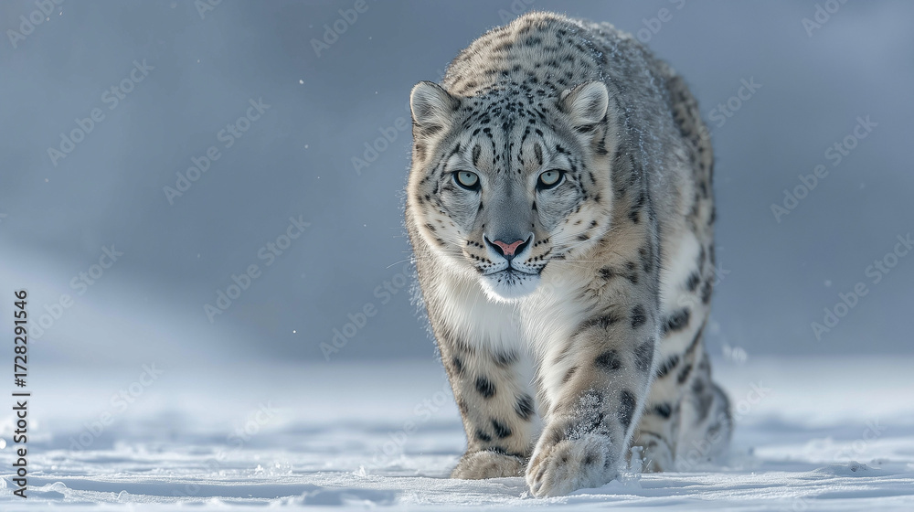 Naklejka premium Wild Snow Leopard Walking in Snow Covered Landscape