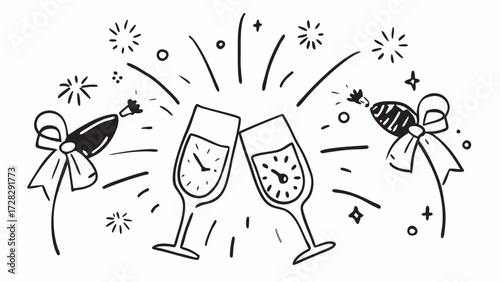 Illustration of two champagne glasses with clocks inside and party poppers around them on transparent background silhouette