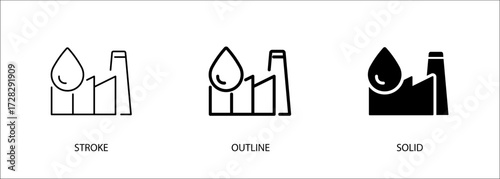 Factory icon with water drop for water usage, cooling, environment, industry. Editable vector stroke icon, outline and solid. Eps10 file.