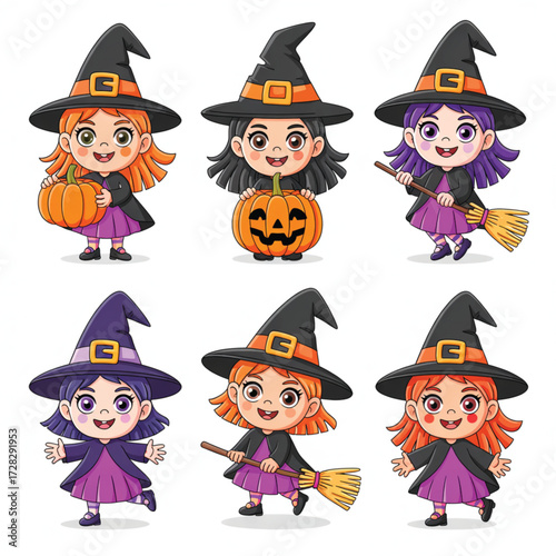 A fun cartoon witch woman illustration in a costume with a hat, broom, and pumpkin for a Halloween party night