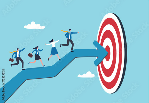 Team target or achievement, teamwork or leadership to lead to achieve goal, business direction or success, career path or growth concept, business people coworkers walking up arrow to reach target
