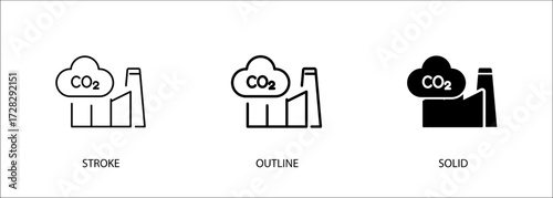 Factory icon with co2 cloud for carbon certificate, emission, environment, industry. Editable vector stroke icon, outline and solid. Eps10 file.