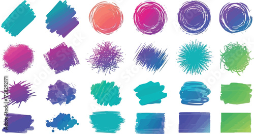 Vector art of collection of colorful paint brush strokes and splatters