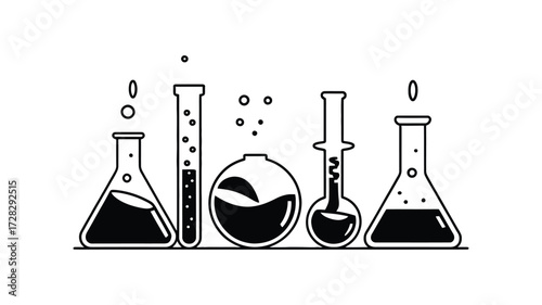 An artistic black and white illustration depicting a row of various laboratory beakers and flasks filled with liquids
