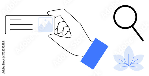 Hand holding an ID card with minimalist design, magnifying glass suggesting review or analysis, and abstract flower motif. Ideal for identity, verification, analysis, inspection, creativity