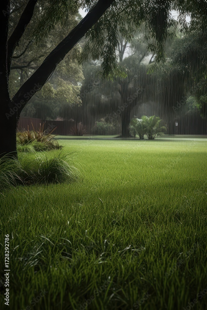 Obraz premium Serene Rain-Kissed Lawn - Moody Landscape Photography.