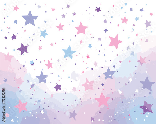 パステルカラーの星屑が舞う幻想的な背景、夢のようなキラキラした瞬間を表現