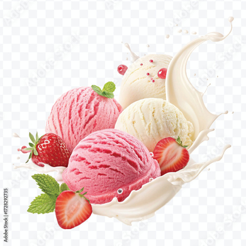 realistic creamy vanilla and strawberry ice cream scoops with milk splash in different style isolated on transparent background