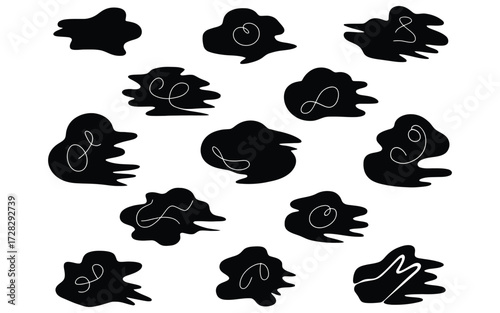 Collection of versatile abstract black organic shapes with flowing white wavy lines, perfect for modern graphic design projects, minimalist backgrounds, and decorative digital art elements