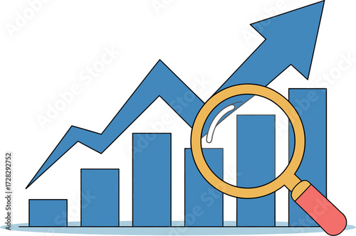 Analyzing business growth with charts and magnifying glass tool