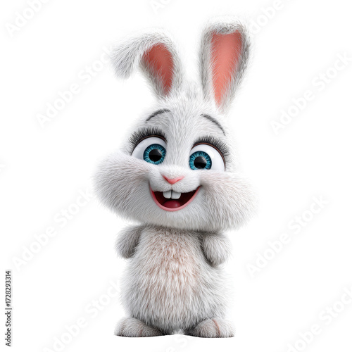 Adorable 3D White Bunny Happy Easter Rabbit Cartoon Animal isolated on a white background
