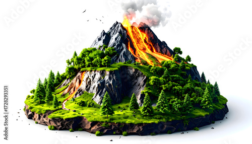3D land with volcano mountain , Piece of earth land green field isolated on white background