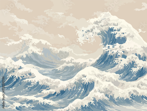 力強い波が打ち寄せる、雄大な海の風景を表現したベクターアート。