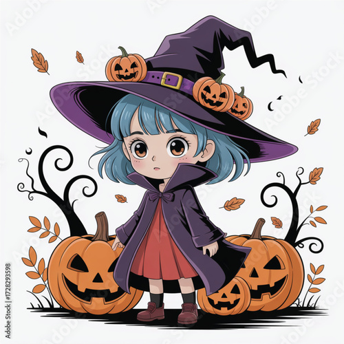 A spooky halloween witch in a dark costume and hat holds a pumpkin under the october moon, a fun illustration for the holiday celebration