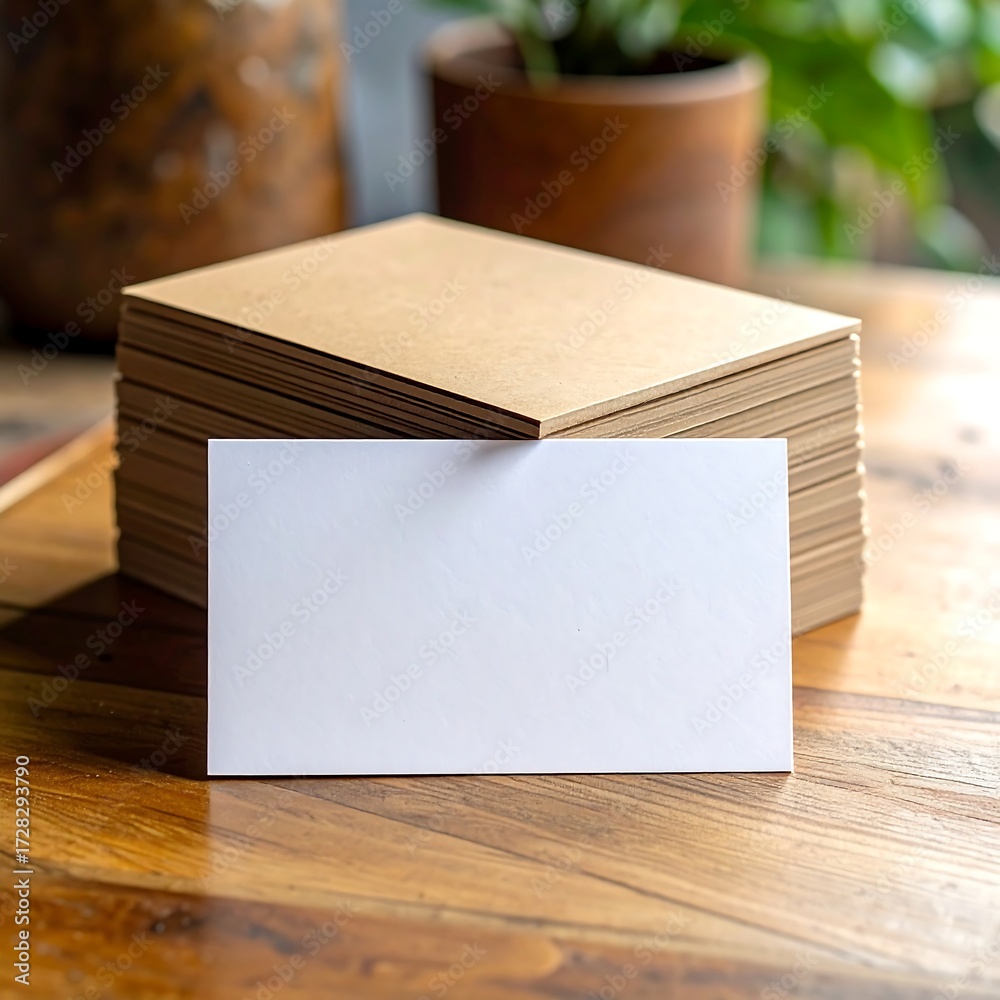 Fototapeta premium A stack of blank, light brown cards sits on a wooden surface with one white card in front