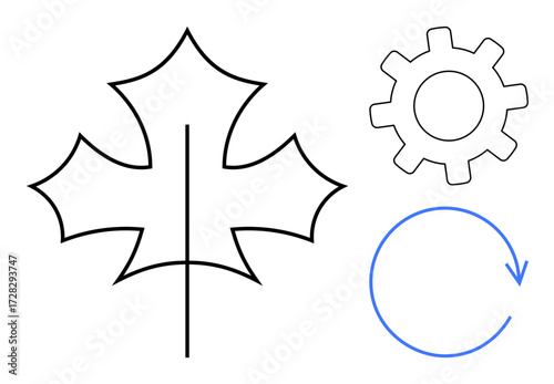 Leaf outline, cogwheel, and circular arrow showcasing harmony of nature, innovation, and sustainability. Ideal for ecology, technology, renewable energy, production process environment recycling