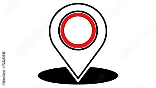 A simple location pin icon with a red circle inside and a black shadow underneath the pin design on transparent background silhouette