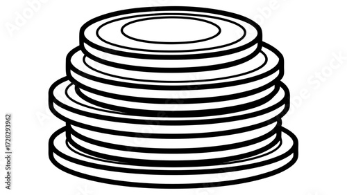 A stack of plates is shown in a black and white illustration with a simple outline style design on transparent background silhouette