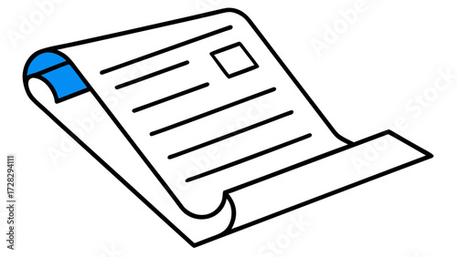 Illustration of a document with lines and a square, partially rolled up, showing a blue interior side on transparent background silhouette