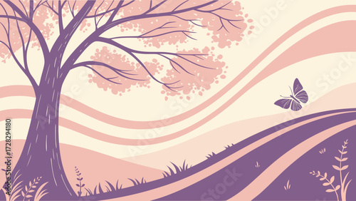 Serene landscape with a tree and butterfly