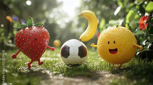 Fruit characters playing soccer in a garden setting
