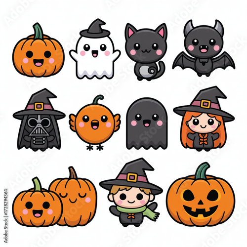 Halloween Character Collection: A whimsical collection of adorable Halloween characters, each radiating their own unique charm and spooky appeal, set against a vibrant backdrop.