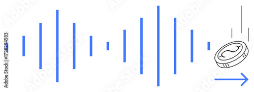 Vertical sound waves leading to coin falling with an arrow pointing forward. Ideal for finance, audio technology, innovation, progress, economy, communication, decision-making simple flat metaphor