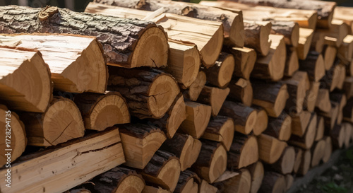 Stack of firewood logs outdoors in natural sunlight