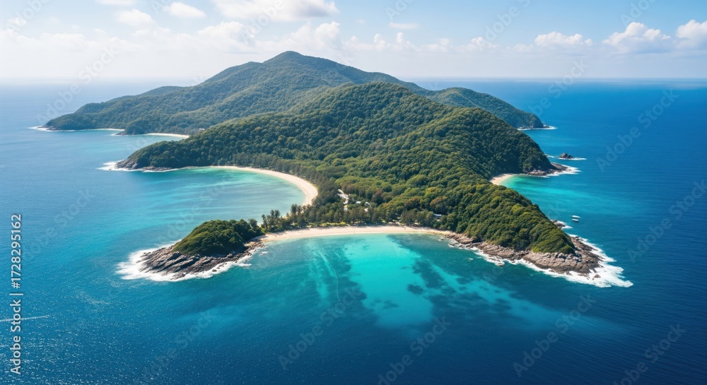 Fototapeta premium Tropical island paradise, lush greenery, pristine beach
