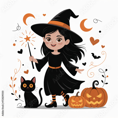 Enchanting Halloween Witch: A cheerful cartoon witch with a black cat conjures spells amidst pumpkins and moon elements, embodying the magic of the Halloween season.