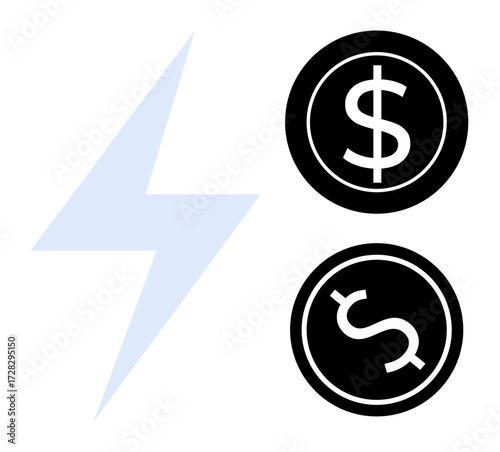 Lightning bolt paired with two dollar coins illustrating energy and financial connection. Ideal for power, finance, investment, energy cost, economic growth, savings, renewable energy. Clean