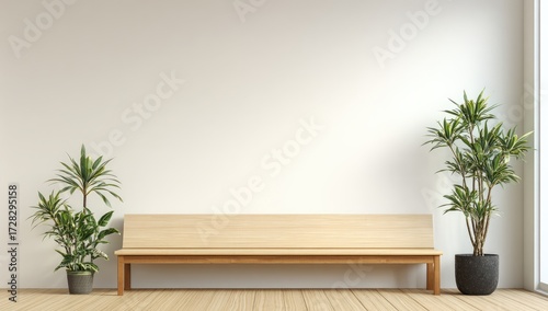 A minimalist waiting area features a light brown wooden bench and two leafy houseplants against a clean white wall.