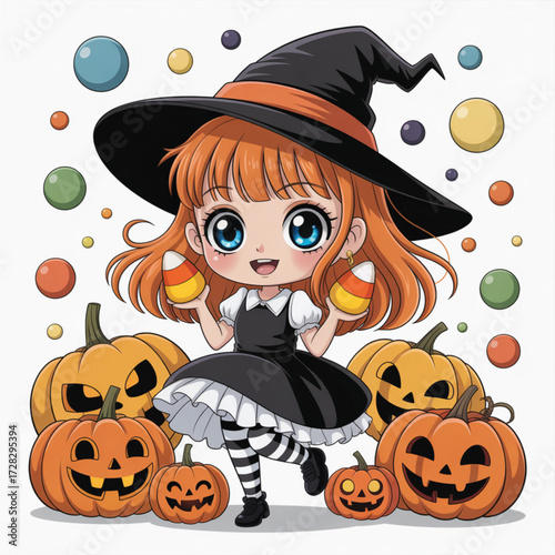 Enchanting Halloween: An adorably witch girl, complete with a stylish hat and dress, gleefully holds candy corns, surrounded by festive pumpkins and colorful decor, perfect for the season.