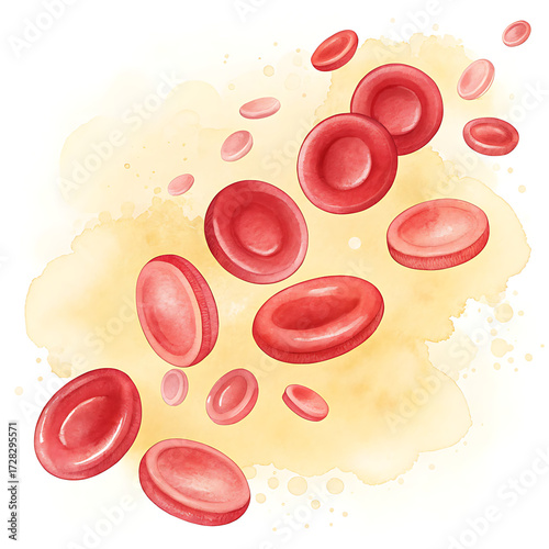 Stylized Red Blood Cells, Watercolor Illustration, Science, Soft Translucent Art, Abstract Viewpoint, Biological Concept