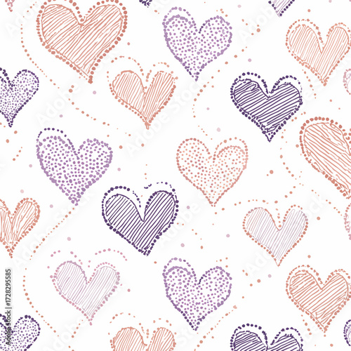 手書き風のハートが散りばめられた、優しく温かいベクターパターン