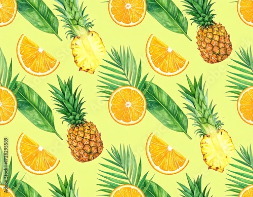 Watercolor pattern of pineapples, oranges, and palm leaves on a pale yellow-green background