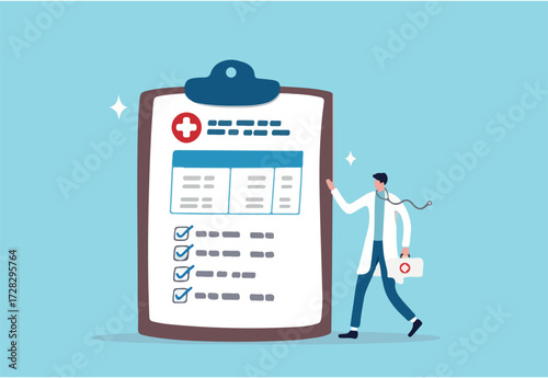 Medical clipboard, prescription or insurance document, health check or doctor diagnosis record, medicine or medicare checklist concept, doctor with stethoscope holding medical clipboard prescription