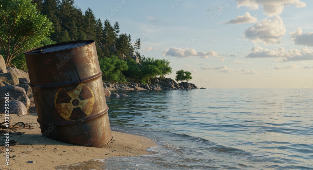 Fototapeta premium Rusty barrel with radiation sign on sandy beach. Toxic waste pollution on coastline. Ecological disaster and environmental destruction concept for eco banner or poster.