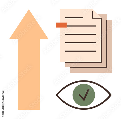 Upward arrow showing progress, stacked documents indicating tasks or data, eye with a checkmark emphasizing review, completion, and verified achievement. Ideal for productivity, success, growth