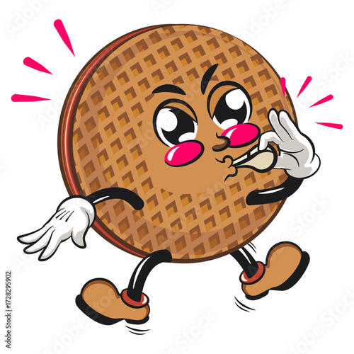 funny stroopwafel mascot character cute round waffle vector illustration blowing the whistle, work of hand drawn