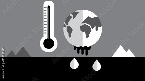 Illustration of a melting earth with a thermometer and water droplets against a gray background landscape on transparent background silhouette
