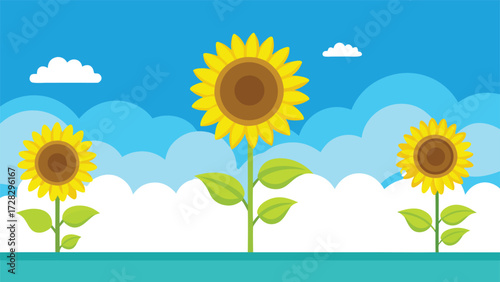 Vibrant sunflowers against a clear blue sky with scattered clouds..eps