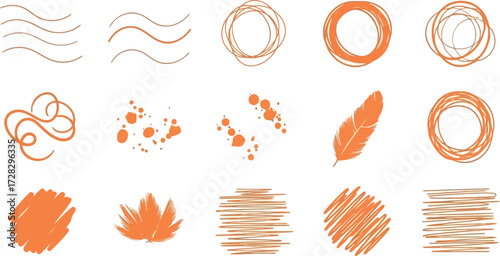Vector art of orange abstract shapes, lines, and feather elements