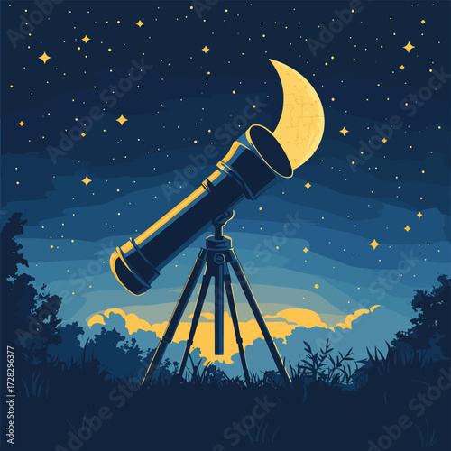 Telescope with star map under night sky and crescent moon background showcasing astronomy and science exploration concept in creative light style
